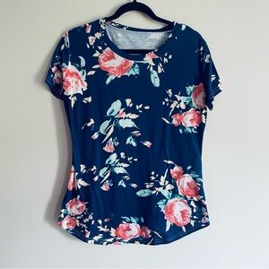 SHEIN Women's Blue Floral Print Crew Neck Short Sleeve T Shirt Top Size Large